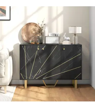 Aparador de Salón con 2 Armarios y Estante Interior Ajustable Buffet acabado Efecto Mármol 107x35x75 cm Negro y Dorado