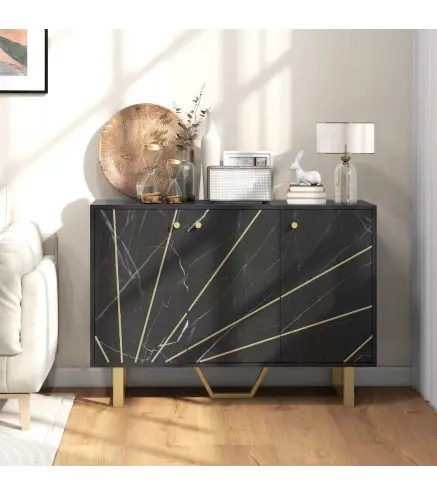 Aparador de Salón con 2 Armarios y Estante Interior Ajustable Buffet acabado Efecto Mármol 107x35x75 cm Negro y Dorado