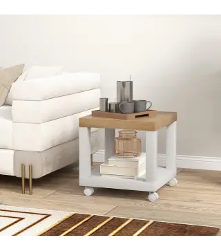 Mesa Auxiliar con Ruedas Estante Abierto Mesa para Sofá Sala Dormitorio 40x40x40 cm Natural y Blanco