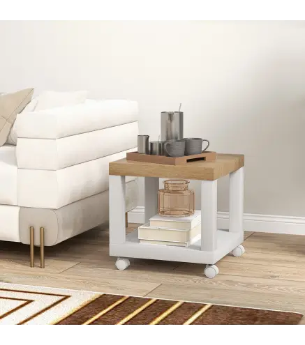 Mesa Auxiliar con Ruedas Estante Abierto Mesa para Sofá Sala Dormitorio 40x40x40 cm Natural y Blanco