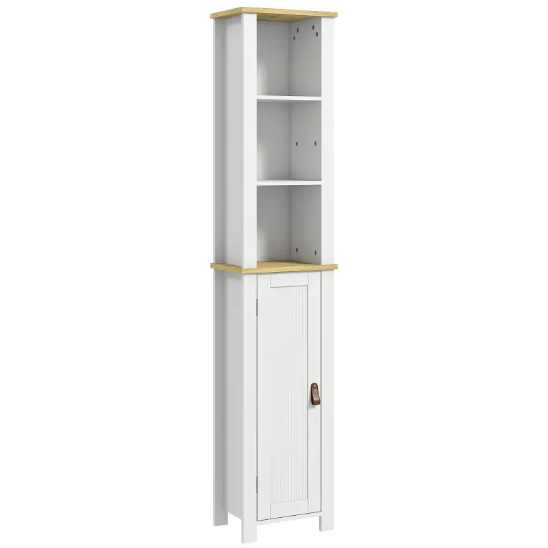 Columna de Baño Armario de Baño con Estantes Abiertos Puerta y Estante Ajustable Diseño Anti-vuelco 34x23x165 cm Blanco