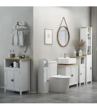 Columna de Baño Armario de Baño con Estantes Abiertos Puerta y Estante Ajustable Diseño Anti-vuelco 34x23x165 cm Blanco