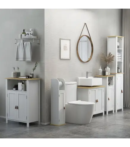 Columna de Baño Armario de Baño con Estantes Abiertos Puerta y Estante Ajustable Diseño Anti-vuelco 34x23x165 cm Blanco