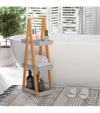 Estantería de Baño de Bambú con 3 Estantes Estantería de Madera en Forma de A 30x18x81 cm Natural y Gris