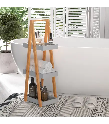 Estantería de Baño de Bambú con 3 Estantes Estantería de Madera en Forma de A 30x18x81 cm Natural y Gris