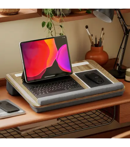 Soporte para Ordenador Portátil con Cojín Ranura para Tableta Almohadilla para Mouse Reposamuñecas Roble