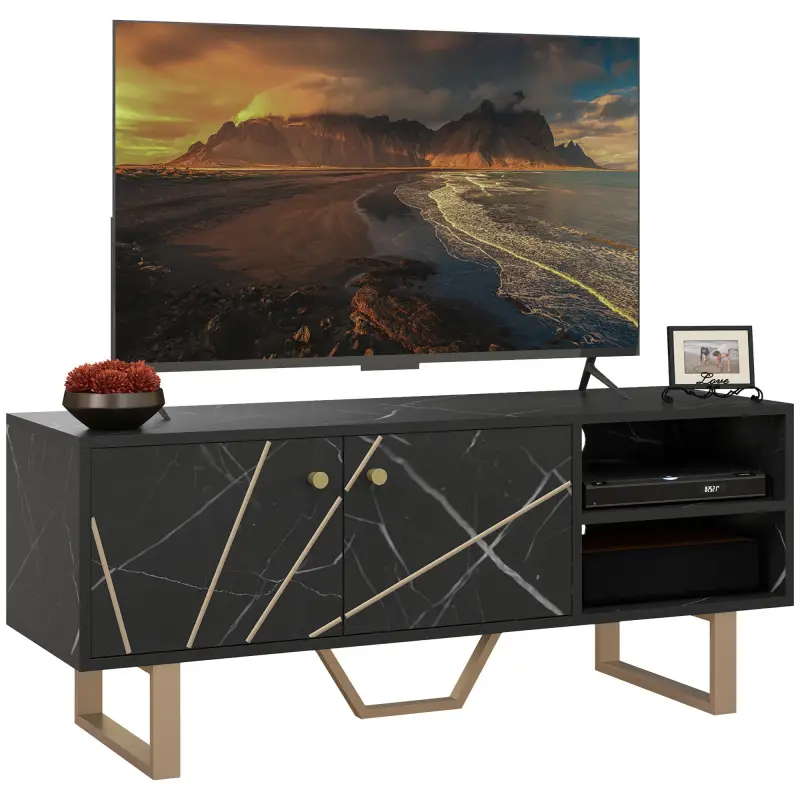 Mesa de TV con 2 Puertas Estante Ajustable y Efecto Mármol Mueble de TV para Salón para Televisores de 50 Pulgadas Negro