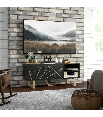 Mesa de TV con 2 Puertas Estante Ajustable y Efecto Mármol Mueble de TV para Salón para Televisores de 50 Pulgadas Negro