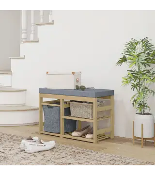 Mueble Zapatero con Asiento Cesta Extraíble y Estantes Abiertos para 4 Pares de Zapatos 69x30x45 cm Natural