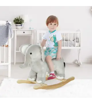 Caballo Balancín para Niños de 2-4 Años en Forma de Elefante con Sonido y Base de Madera Carga 40 kg 64,5x31x52 cm Gris