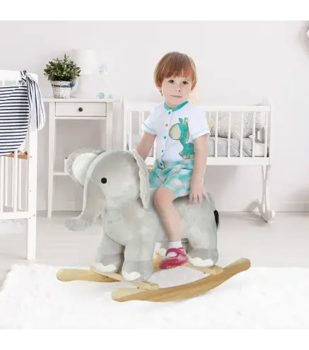 Caballo Balancín para Niños de 2-4 Años en Forma de Elefante con Sonido y Base de Madera Carga 40 kg 64,5x31x52 cm Gris