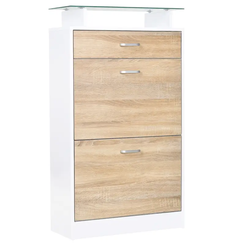 Mueble Zapatero Armario Zapatero con 3 Cajones Estante de Vidrio y Asa de Aluminio para Pasillo 60x24x105,5 cm Natural