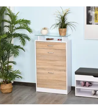 Mueble Zapatero Armario Zapatero con 3 Cajones Estante de Vidrio y Asa de Aluminio para Pasillo 60x24x105,5 cm Natural