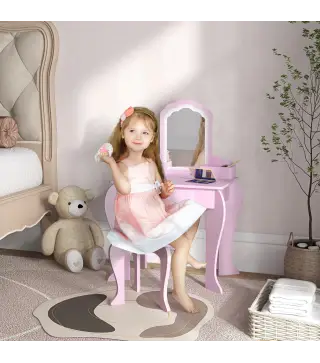 Tocador Infantil para Niñas y Niños de +3 Años con Taburete Espejo Cajón y Cajas de Almacenaje Forma de Nube Rosa