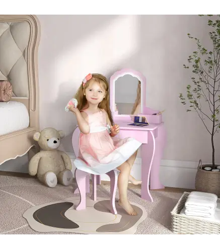 Tocador Infantil para Niñas y Niños de +3 Años con Taburete Espejo Cajón y Cajas de Almacenaje Forma de Nube Rosa