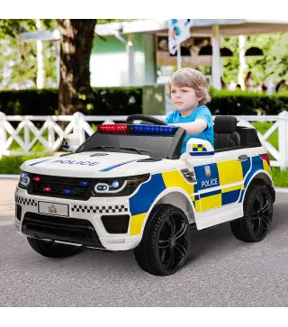 Coche Eléctrico Infantil de Policía Coche de Batería 12V con Mando a Distancia Bluetooth Luz USB Sirena Blanco