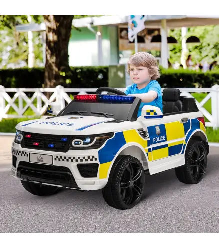 Coche Eléctrico Infantil de Policía Coche de Batería 12V con Mando a Distancia Bluetooth Luz USB Sirena Blanco