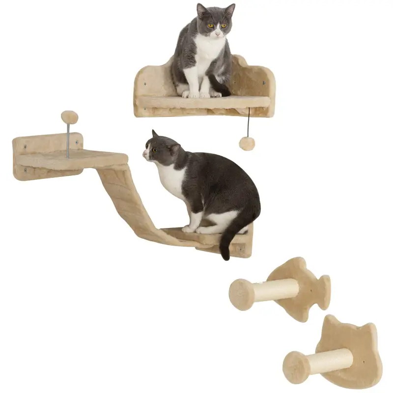 Rascador de Pared para Gatos con 2 Postes de Sisal Plataforma Doble con Escalera Suave y 1 Plataforma para Saltar Beige