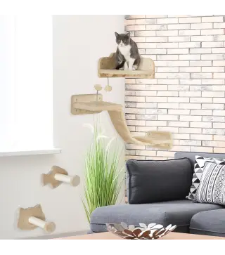 Rascador de Pared para Gatos con 2 Postes de Sisal Plataforma Doble con Escalera Suave y 1 Plataforma para Saltar Beige