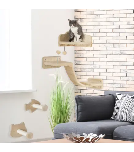 Rascador de Pared para Gatos con 2 Postes de Sisal Plataforma Doble con Escalera Suave y 1 Plataforma para Saltar Beige