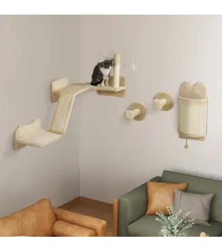 Rascador de Pared para Gatos de 4 Piezas con Postes de Sisal Plataforma para Saltar Bola de Juguete Beige