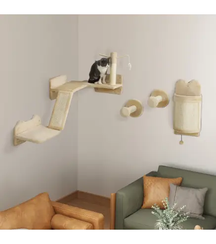 Rascador de Pared para Gatos de 4 Piezas con Postes de Sisal Plataforma para Saltar Bola de Juguete Beige