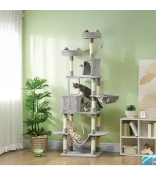 Árbol Rascador para Gatos Grande Altura 206 cm con Múltiples Niveles Cuevas Bolas Colgantes y Hamacas Gris