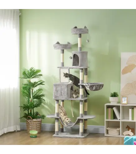Árbol Rascador para Gatos Grande Altura 206 cm con Múltiples Niveles Cuevas Bolas Colgantes y Hamacas Gris