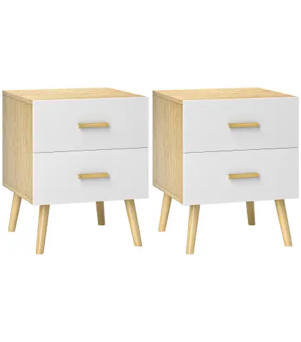 Mesitas de Noche de 2 Piezas con Cajones y Asas de Bambú Mesas Auxiliares para Salón Dormitorio Roble
