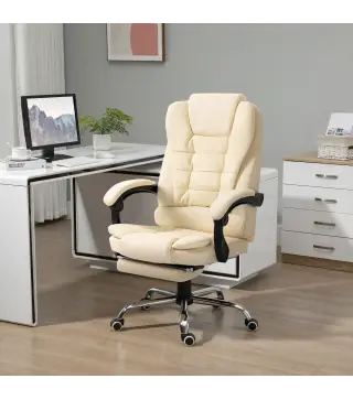 Silla de Escritorio con Reposapiés Silla Ejecutiva Giratoria con Altura Ajustable Tapizada en PU y Reposabrazos Crema