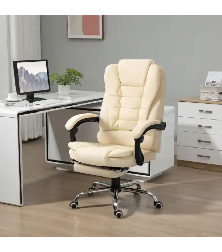 Silla de Escritorio con Reposapiés Silla Ejecutiva Giratoria con Altura Ajustable Tapizada en PU y Reposabrazos Crema