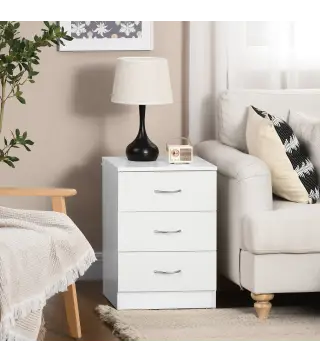 Mesilla de Noche con 3 Cajones y Asas de Aluminio Mesa de Noche para Dormitorio Salón 40x35x58 cm Blanco