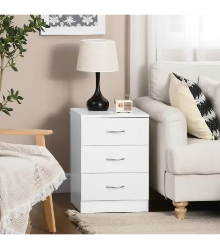 Mesilla de Noche con 3 Cajones y Asas de Aluminio Mesa de Noche para Dormitorio Salón 40x35x58 cm Blanco