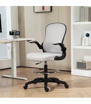 Silla de Dibujo Giratoria con Soporte Lumbar Reposapiés Ajustable y Reposabrazos Abatibles 59x65x102-122 cm Gris Claro