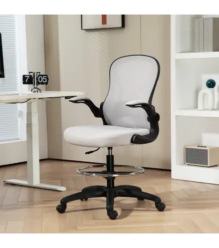 Silla de Dibujo Giratoria con Soporte Lumbar Reposapiés Ajustable y Reposabrazos Abatibles 59x65x102-122 cm Gris Claro