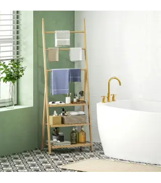 Estantería de Baño de Bambú Plegable con 3 Estantes con Barras Estantería de Madera en Forma de A 53,5x30x53 cm Natural