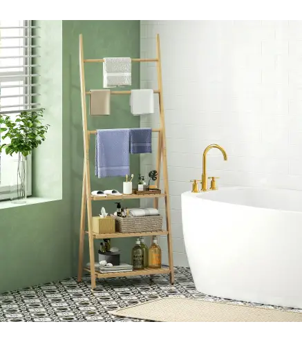 Estantería de Baño de Bambú Plegable con 3 Estantes con Barras Estantería de Madera en Forma de A 53,5x30x53 cm Natural