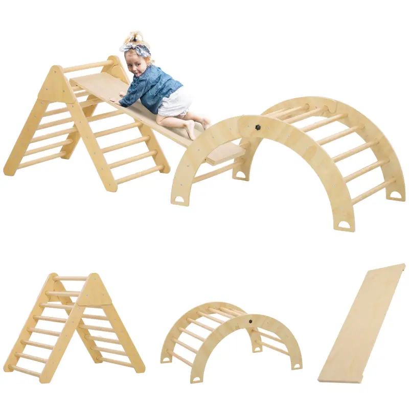 Triángulo de Escalada para Niños de 18-48 Meses con Rampa Escalador de Arco 219x72,5 cm Natural