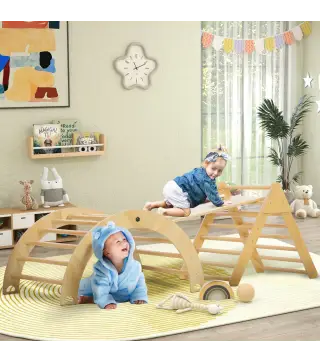 Triángulo de Escalada para Niños de 18-48 Meses con Rampa Escalador de Arco 219x72,5 cm Natural