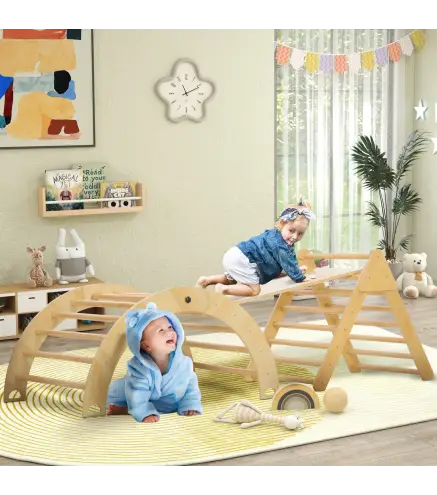 Triángulo de Escalada para Niños de 18-48 Meses con Rampa Escalador de Arco 219x72,5 cm Natural