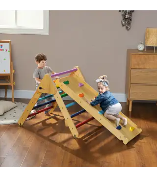 Triángulo de Escalada de Madera 3 en 1 con Rampa para Deslizarse o Escalar 147x64,5x63 cm Multicolor