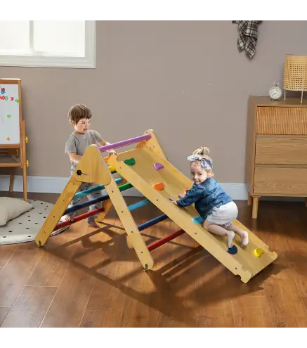Triángulo de Escalada de Madera 3 en 1 con Rampa para Deslizarse o Escalar 147x64,5x63 cm Multicolor