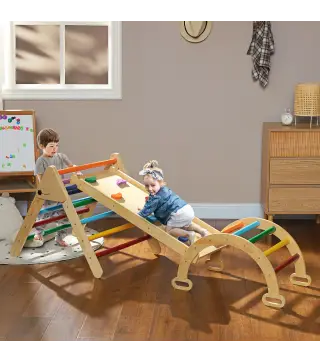 Triángulo de Escalada de Madera 5 en 1 con Rampa Escalador de Arco 178x64,5x63 cm Multicolor