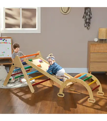 Triángulo de Escalada de Madera 5 en 1 con Rampa Escalador de Arco 178x64,5x63 cm Multicolor