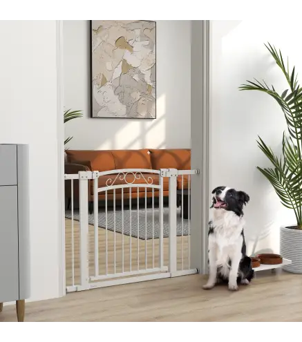 Puerta para Perros con Ancho Ajustable 76-104 cm con 2 Extensiones Doble Bloqueo Blanco