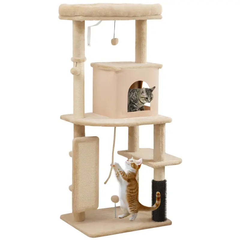 Árbol Rascador para Gatos 132 cm con Plataformas Poste con Cepillo Bolas Colgantes y Almohadilla para Rascar Beige