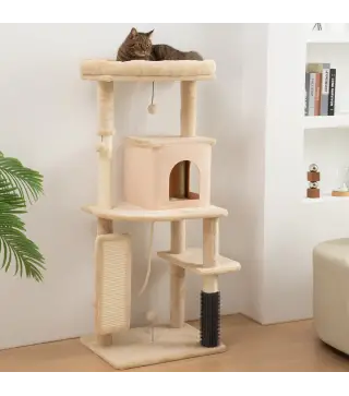 Árbol Rascador para Gatos 132 cm con Plataformas Poste con Cepillo Bolas Colgantes y Almohadilla para Rascar Beige