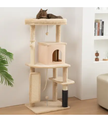 Árbol Rascador para Gatos 132 cm con Plataformas Poste con Cepillo Bolas Colgantes y Almohadilla para Rascar Beige