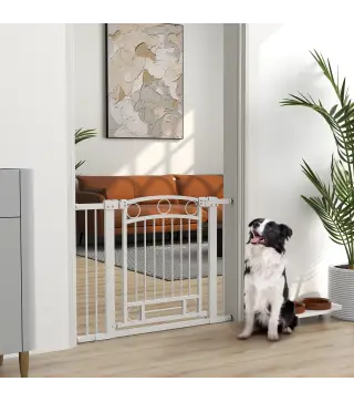 Puerta para Perros con Ancho Ajustable 76-104 cm Barrera de Seguridad para Perros con 2 Extensiones Blanco