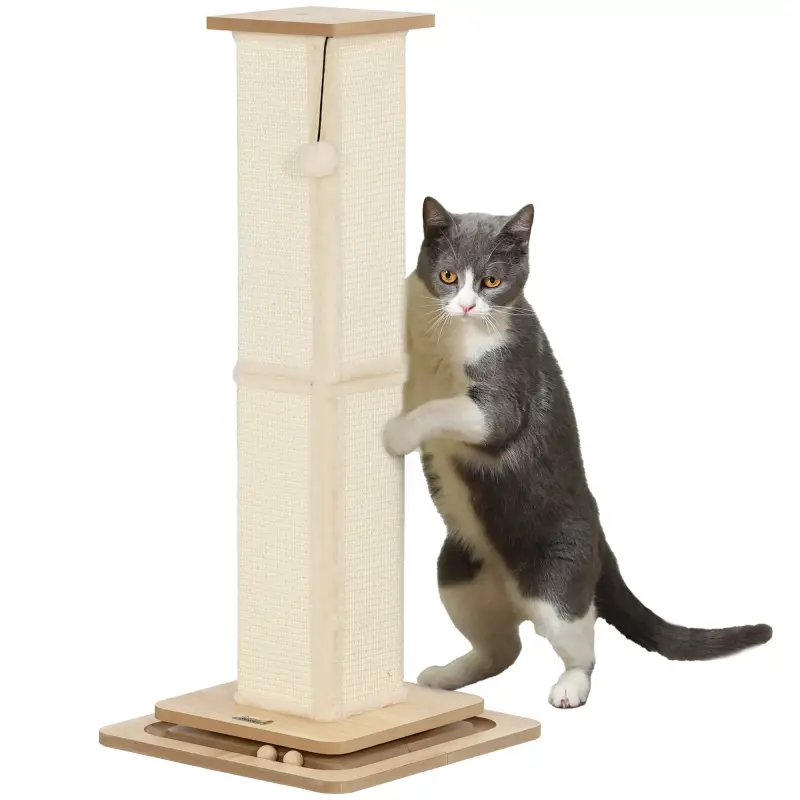 Rascador para Gatos Arañador para Gatos con Bola Colgante Juguete de Pelota de Pista y Poste de Sisal Roble